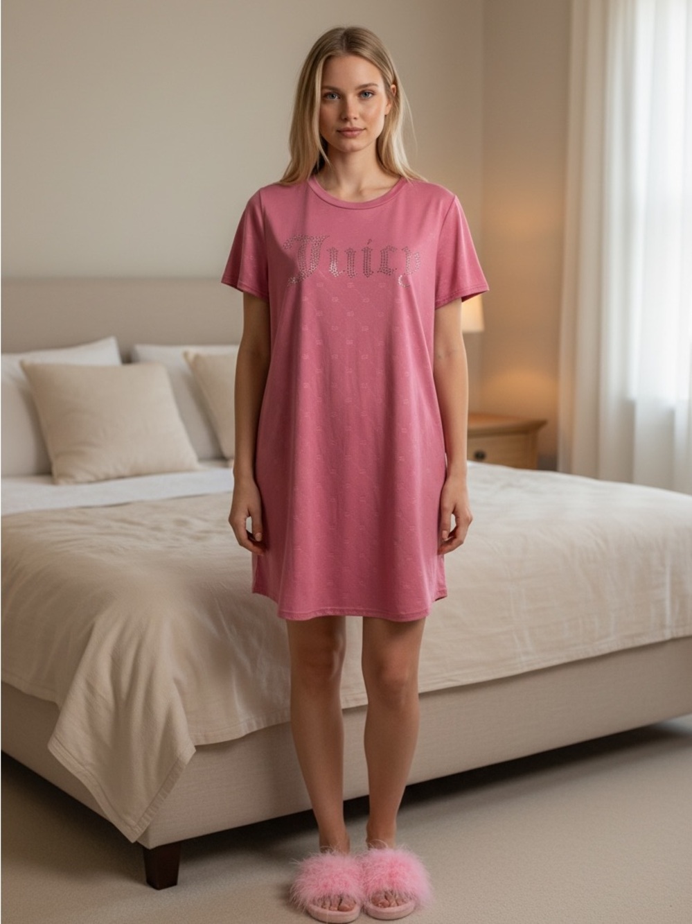 Juicy Couture, Pink Sleep Shirt Nightgown Rhinestone Logo, Size L Loungewear